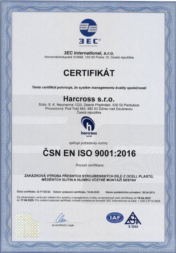 Management kvality byl úspěšně certifikován dle normy EN ČSN ISO 9001:2016 